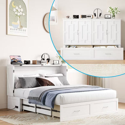 Murphy Bed Cabinet with Foldable Mattress, Queen Murphy Bed with Charging Station, Drawers-White
