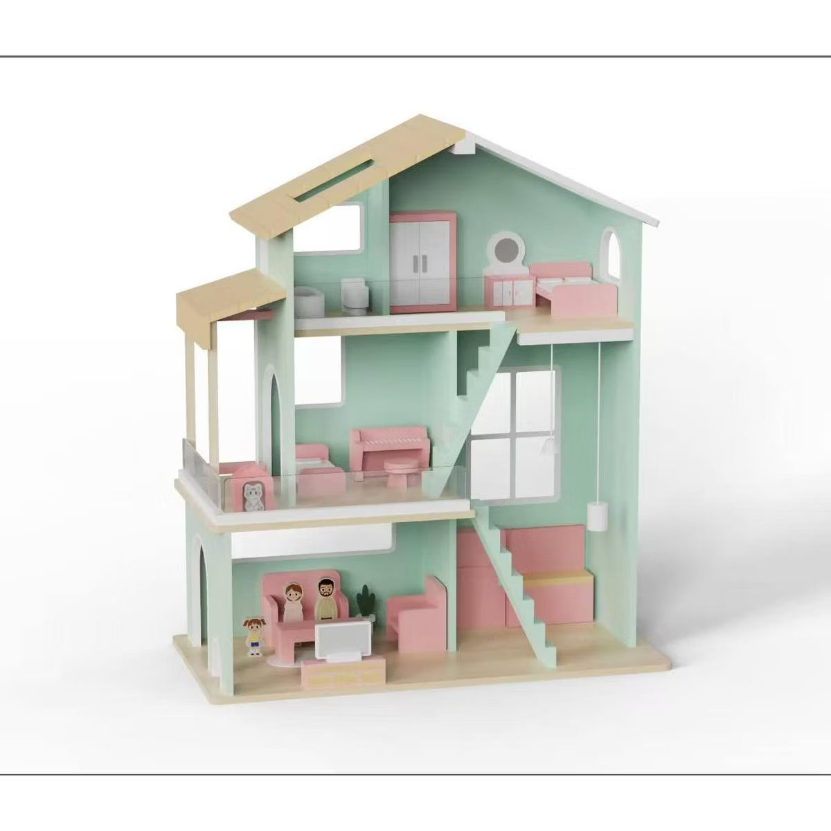 TODECARE Wooden Dollhouse for Kids, 5-Room Doll House with 20 Furniture Accessories & Doll, Pretend Play Set for Ages 3+, Green
