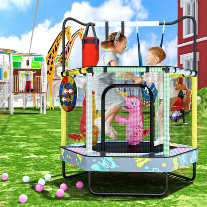 Hooseng 55" Hexagon Trampoline for Kids with Safety Enclosure Net, Indoor & Outdoor Toddler Trampoline with Adjustable Gymnastics Bar & Toys