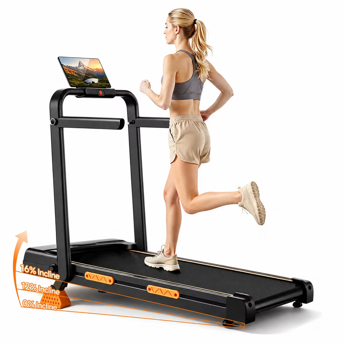 4-in-1 Foldable Walking Pad with Handle, 16% Incline Under-Desk Treadmill for Home, 2.5 HP Quiet Brushless Motor (BLACK)