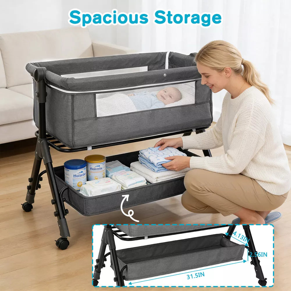 3 in 1 Baby Bassinet Bedside Sleeper with Wheels, Mosquito Net, Foldable Crib, Grey