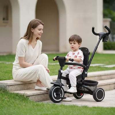 Kinder King 7-in-1 Kids Tricycle with Canopy, Adjustable Push Handle, One-Touch Brake, Lockable Front Wheel, All-Terrain Tires & Storage, Black