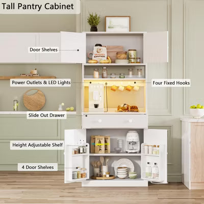 Qwatto 71'' Tall White Farmhouse Kitchen Pantry Storage Cabinet Freestanding Microwave Stand with Hutch Doors Drawers for Dining Room Furniture