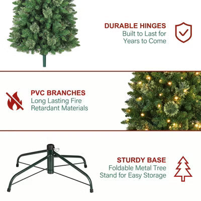 VIVATREES 7.5/9ft Pre-lit Artificial Christmas Tree Hinged Branch Tips Multi-color LED Lights Foldable Base 7.5FT