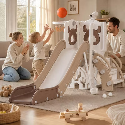 12-in-1 Toddler Slide Playset – Indoor & Outdoor Kids Slide with Basketball Hoop, Golf & Drawing Board (Beige & Rosy Brown, 54×62×39 in) (grey)