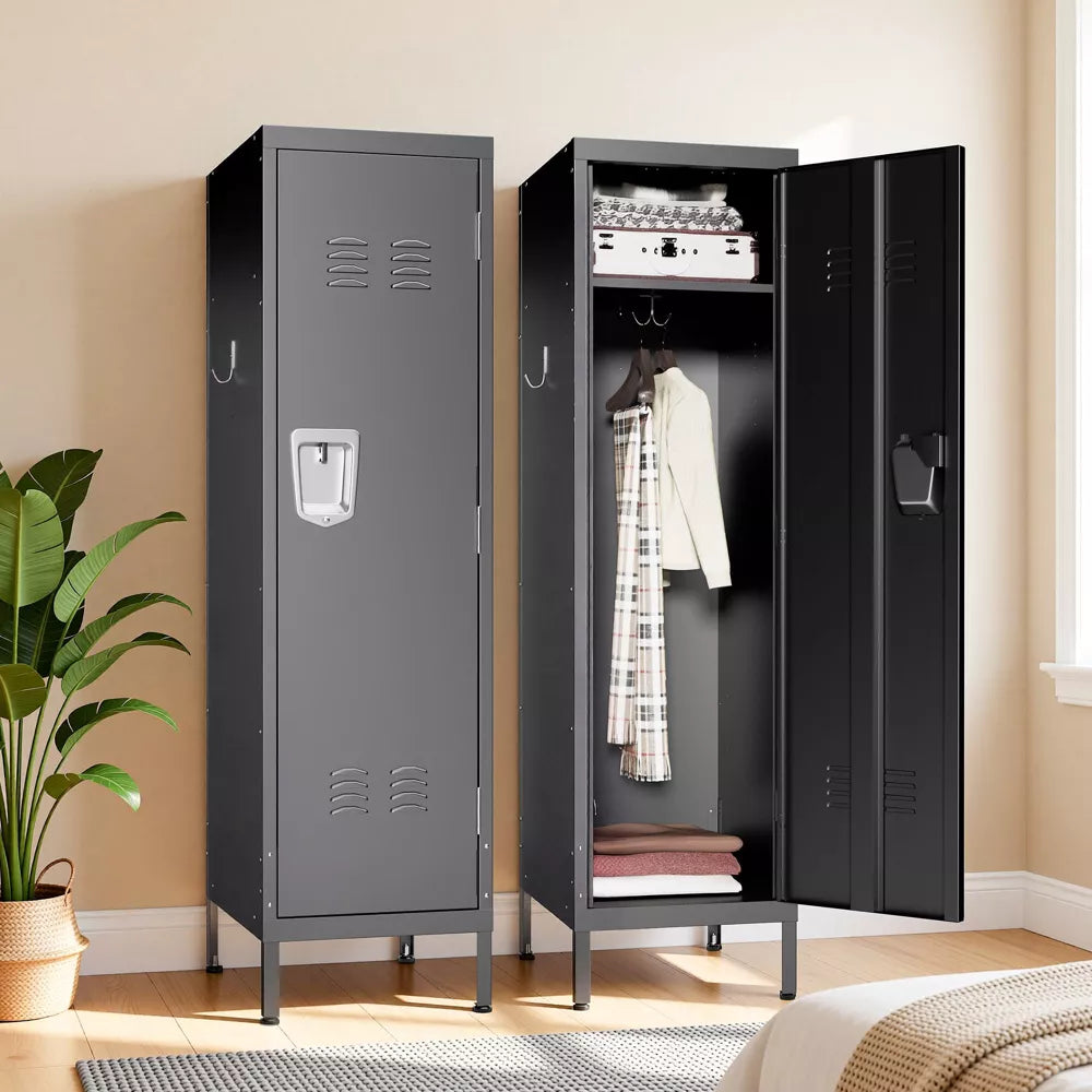 VIYET 55" Metal Wardrobe Cabinet, Narrow Steel Clothing Storage with Lock, Ventilated Door & Side Hooks, Bedroom Closet, Black