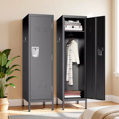 VIYET 55" Metal Wardrobe Cabinet, Narrow Steel Clothing Storage with Lock, Ventilated Door & Side Hooks, Bedroom Closet, Black