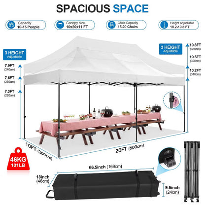 COBIZI 10x20FT Heavy Duty Pop Up Canopy Tent with 6 Sidewalls Thicken Frame White