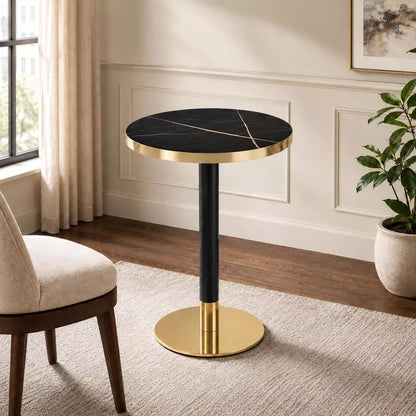 LauKingdom 23.6" Obsidian Gold Round Dining Table for 2, Stone-Look Top, Black/Gold Pedestal Base, Bistro Kitchen Table for Apartment Breakfast Nook