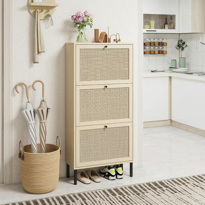 Hooseng Boho Style 3 Rattan Drawers Shoe Storage Cabinet With MDF Frame And Metal Legs, Freestanding Shoe Storage Unit Organizer With Adjustable Panel