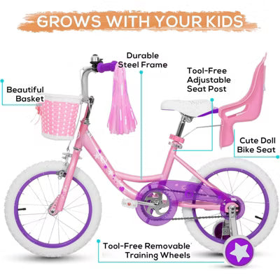 Hykolity 14-Inch Kids Bike for Girls Ages 3-5, Fresh Pink, with Training Wheels, Doll Seat, Basket, Adjustable Saddle, Dual Brakes
