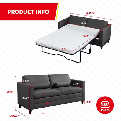 Mjkone Loveseat Sofa Bed, Leather 2-in-1 Sleeper Sofa With Foldable Mattress, Pull out 2-Seater Couch With Metal Frame,Queen,Grey