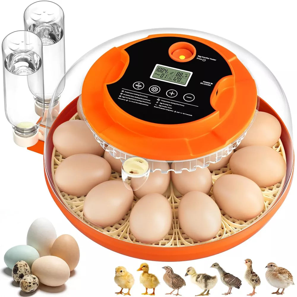 18-Egg Smart Incubator with Auto Turning, Humidity Control and Egg Candler.