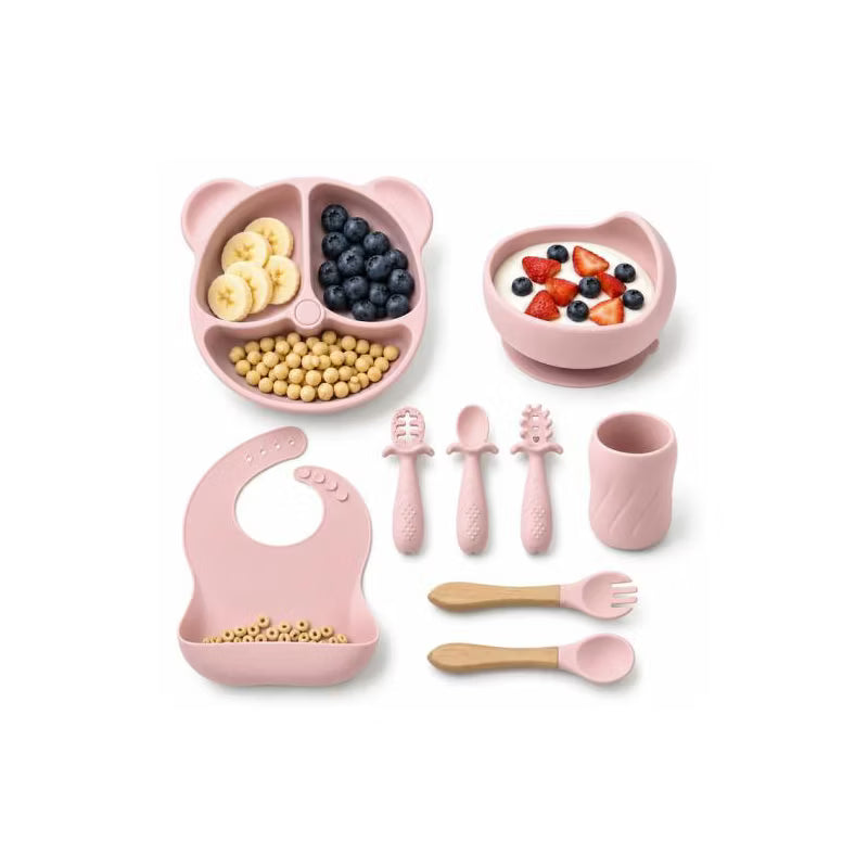 TUMAJUP Baby feeding utensil set, food grade silicone baby spoon fork bowl set, BPA free soft baby feeding utensil set, anti slip baby eating set