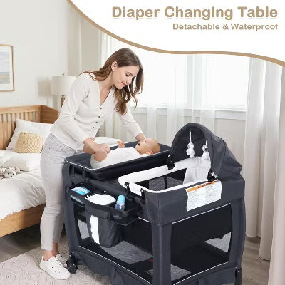 TODECARE 4 in 1 Baby Bassinet, Pack and Play, Convertible Bedside Crib Sleeper, Diaper Changer, Folded Portable Crib with Mattress and Mosquito Net