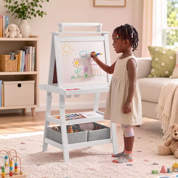 TODECARE Wooden 3-in-1 Kids Art Easel with Magnetic Whiteboard, Chalkboard, Paper Roll and Storage, White