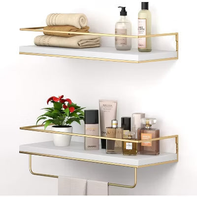 Set of 2 White Floating Shelves with Golden Towel Rack, Wall Mount Decorative Storage Shelves for Bathroom Kitchen