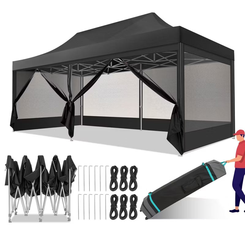 COBIZI 10x20FT Heavy Duty Pop Up Canopy Tent with 6 Sidewalls with Mosquito Netting Black