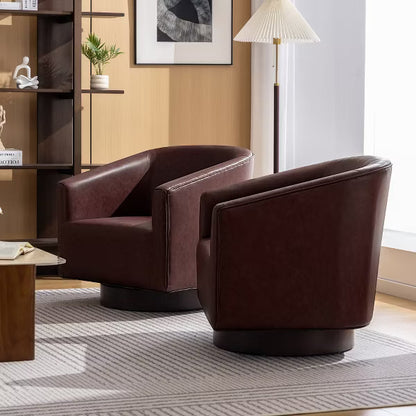 KERDOM 360°Swivel Barrel Accent Chair, PU Leather Upholstered Armchair with Solid Wood Base, Modern Lounge Chair for Living Room Bedroom,Reddish brown