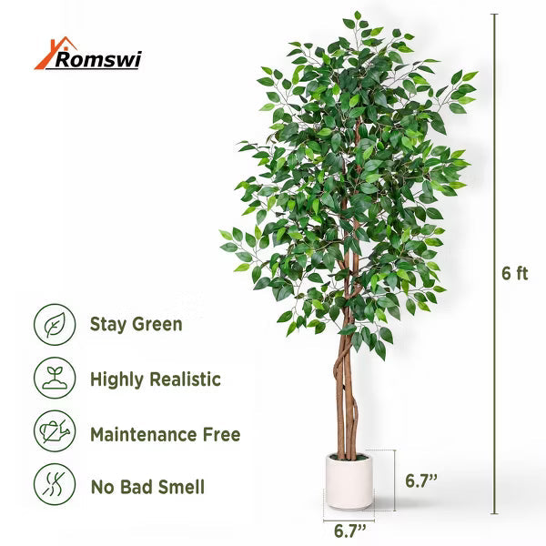 Romswi 5FT Artificial Ficus Tree with White Planter, Realistic Leaves, Natural Wood Trunk, Faux Greenry Plant, Indoor Home Office Decor