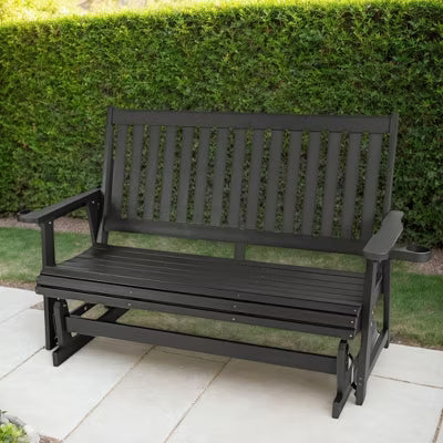 Fortune Candy Poly Lumber Patio Glider 2 Seater, High Backrest, Cup Holders, for Outdoor Garden, Yard, or Deck (Black)