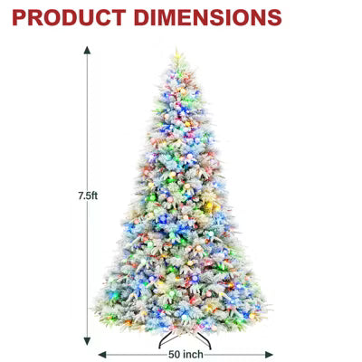 VIVATREES 7.5 Ft Prelit Artificial Christmas Tree, 10 Lighting Modes with Red Berries, Metal Stand, Multi Colors Snow Flocked Xmas Tree