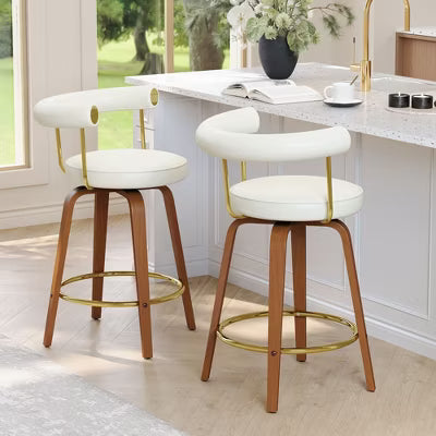 Swivel Bar Stools Set of 2, Mid-Century Counter Height Chairs with Curved Backrest and Solid Wood Leg