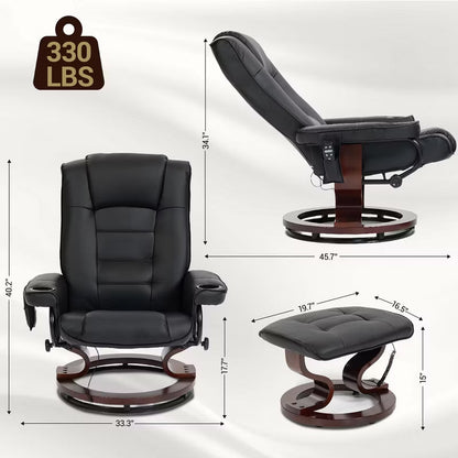 Bosmiller Massage Recliner with Ottoman Swivel Wood Base, Adjustable Recline, Faux Leather Lounge Chair with Footrest for Living Room and Bedroom
