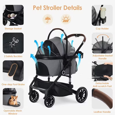 TODECARE 3-in-1 Folding Pet Stroller for Small to Medium Dogs and Cats up to 50 lbs with Storage Basket, Black