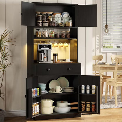 Qwatto 71'' Black Kitchen Pantry Storage Cabinet Farmhouse Freestanding Microwave Stand with Hutch Doors and Drawers for Dining Room and Coffee Bar