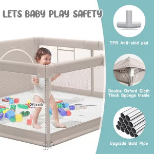 Fodoss Baby Playpen with Mat, 47x47in Extra-Large Baby Play Yard for Toddlers, Indoor/Outdoor Safety Playpen with Non-Slip Base (GREY)