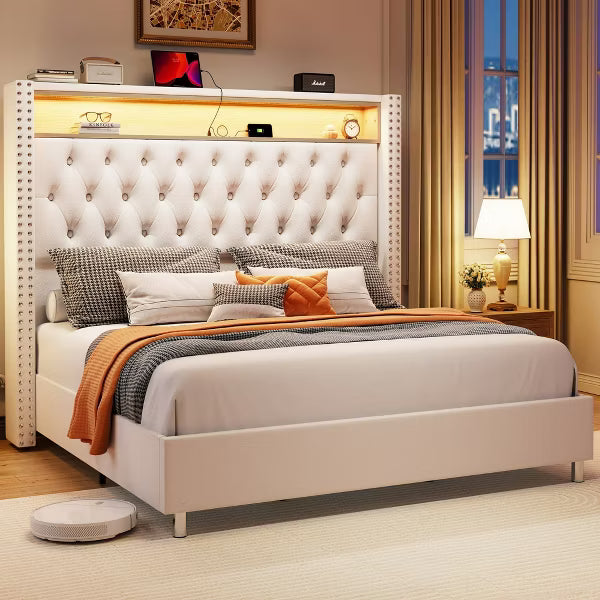 LED Bed Frame,Charging Station and Storage Upholstered Headboard,Velvet.