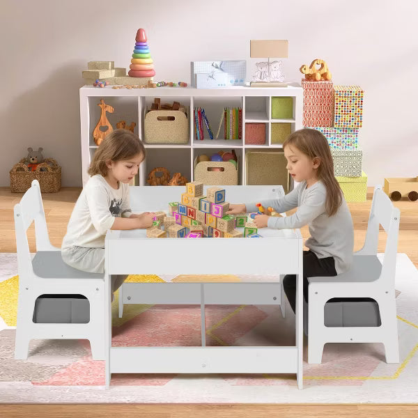TODECARE Kids Wooden Table and 2 Chairs Set with Storage Drawers, Detachable Tabletop and Activity Surface, Gray
