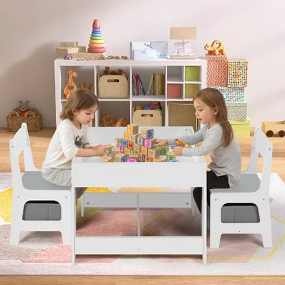 TODECARE Kids Wooden Table and 2 Chairs Set with Storage Drawers, Detachable Tabletop and Activity Surface, Gray