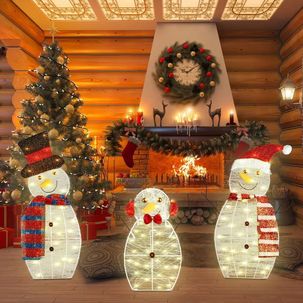 3Pcs 2D Christmas Snowman Yard Decoration Snowman Family Outdoor Decoration With 60Pcs LED Warm Yellow Lights IP44 Waterproof For Christmas Indoor