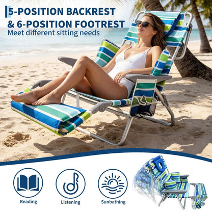 2 Pack 3-in-1 Beach Chair with Face Hole, Folding Tanning Lounger with Adjustable Footrest & Storage Pocket, 330LB Capacity for Beach, Pool, Patio