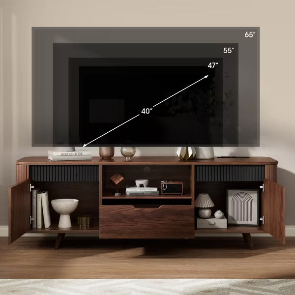 Qwatto 55'' Media Console TV Stand For TVs Up To 65'' Tambour Sliding Door Storage Cabinet With Charging Station Wood Legs Modern Entertainment Unit