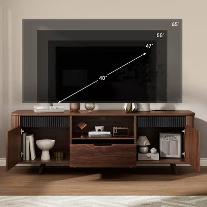 Qwatto 55'' Media Console TV Stand For TVs Up To 65'' Tambour Sliding Door Storage Cabinet With Charging Station Wood Legs Modern Entertainment Unit