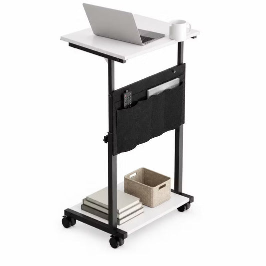 KOLIGEY Height Adjustable C-Shaped End Table with Wheels, Mobile Sofa Side Table with Storage Pocket, Rolling Laptop Desk, Lockable Casters