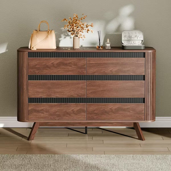 Qwatto 6 Drawer Walnut Dresser for Bedroom 47.2" Wide Fluted Chest of Drawers Modern Curved Design Clothes Storage Organizer Hallway Dark Wood Finish