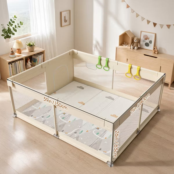 Fodoss 59x71in Baby Playpen with Mat – Safe Activity Center & Fence for Babies and Toddlers, Indoor & Outdoor Use (Mountain-yellow)
