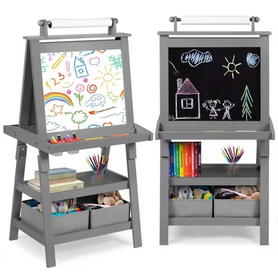TODECARE Wooden 3-in-1 Kids Art Easel with Magnetic Whiteboard, Chalkboard, Paper Roll and Storage, Pink