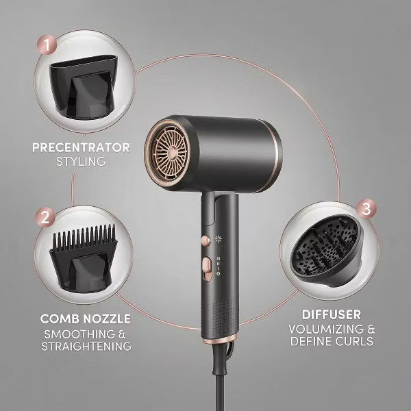 Hoey 1800W Professional Ionic Hair Dryer with Diffuser and Concentrator Attachments - 3 Heat Settings