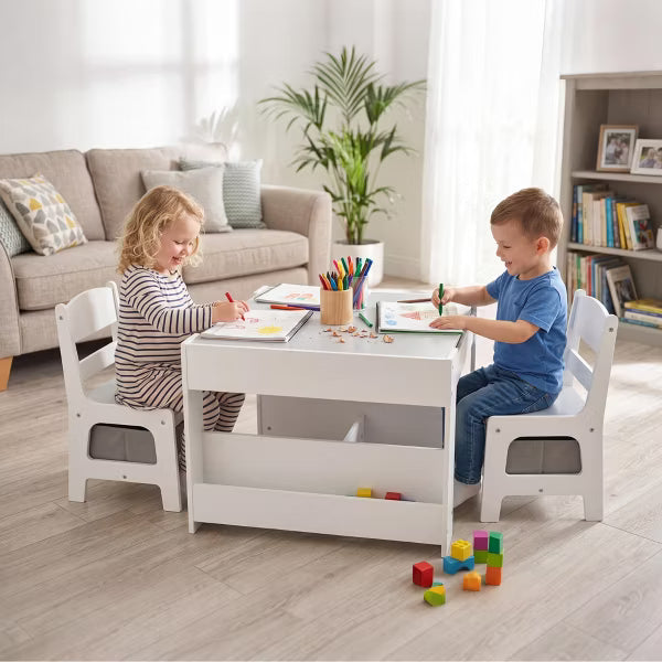TODECARE 4 in 1 Kids Wooden Table and 2 Chairs Set with Double Bookcase and Blackboard for Kids, Gray