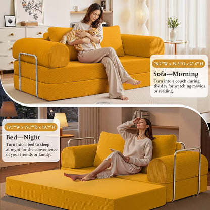 KERDOM 78.7" Modern Combination Sofa Bed with High Rebound Density Sponge, Deep Seat Upholstered Couch for Living Room, Ginger