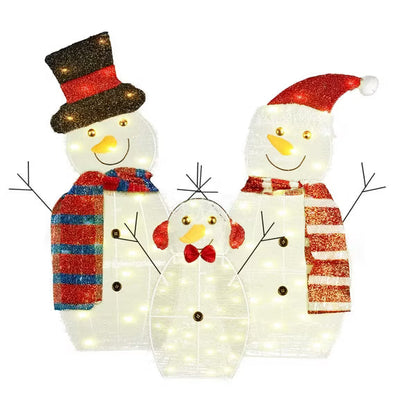 3Pcs 2D Christmas Snowman Yard Decoration Snowman Family Outdoor Decoration With 60Pcs LED Warm Yellow Lights IP44 Waterproof For Christmas Indoor