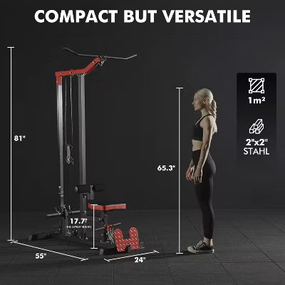 LAT Pulldown Machine, LAT Row Cable Machine with Leg Hold Down Attachment, LAT Tower with Cable Row Attachment