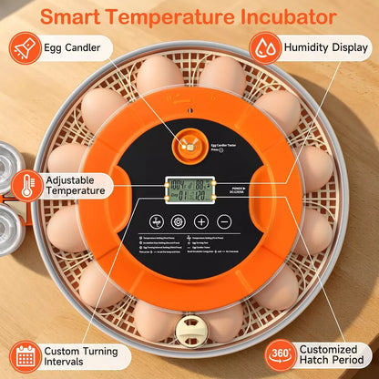 18-Egg Smart Incubator with Auto Turning, Humidity Control and Egg Candler.