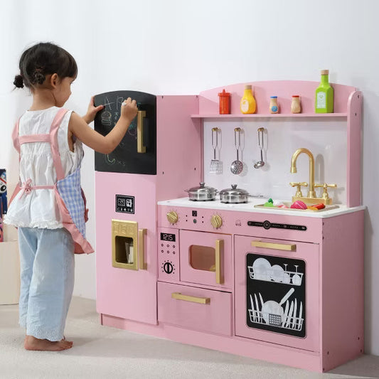 Kinder King Wooden Kids Play Kitchen, Toy Kitchen Playset for Toddler, Pretend Oven, Microwave, Realistic Kitchen Sets for Boys Girls Age 3+