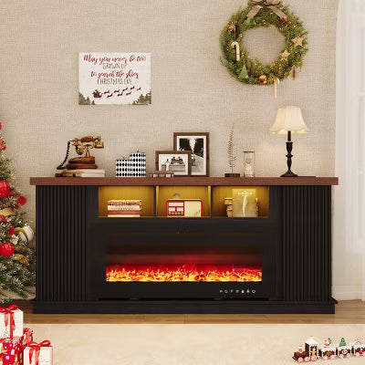 EROMMY 70" Fireplace Tv Stand For Tvs Up To 75", 2 Door Main Cabinet With Led Light Bar, Tv Cabinet With Electric Fireplace